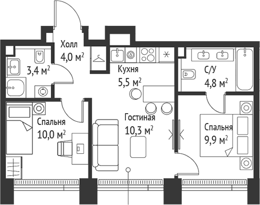 3-комн., 47.9 м², 52/52 этаж, ЖК «СЕТ»