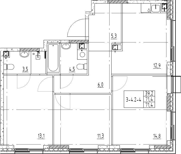 3-комн., 71.4 м², 19/19 этаж, ЖК «Шагал»