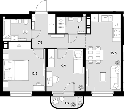 2-комн., 53.7 м², 5/9 этаж, ЖК «Грейд»