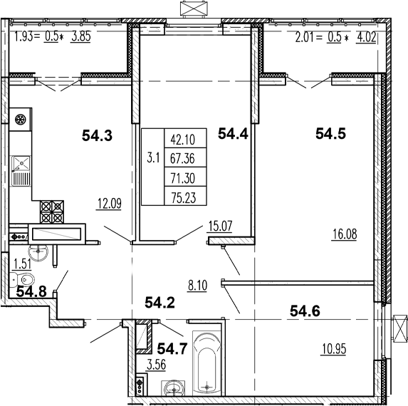 3-комн., 67.62 м², 2/8 этаж, ЖК «Центральный двор»