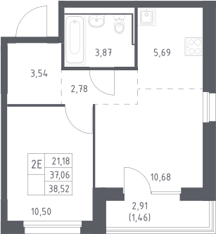 2-комн., 37.06 м², 8/17 этаж, ЖК «Прибрежный Парк»