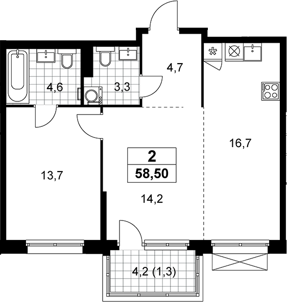 2-комн., 57.2 м², 18/21 этаж, ЖК «Дзен-кварталы»