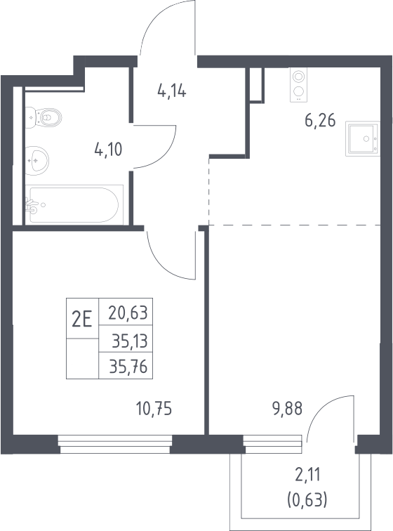2-комн., 35.13 м², 11/15 этаж, ЖК «Пригород Лесное»