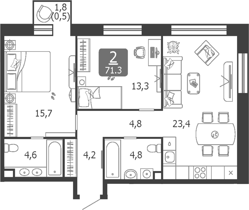 3-комн., 70.8 м², 5/19 этаж, ЖК «Шагал»