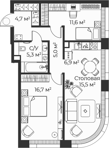 3-комн., 65.6 м², 9/35 этаж, ЖК «Веер»
