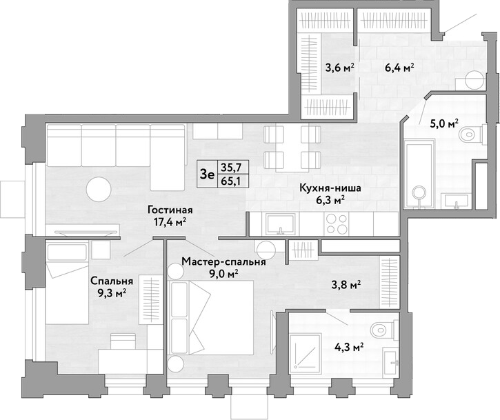 3-комн., 65.1 м², 14/30 этаж, ЖК «Новые Смыслы»