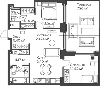 3-комн., 72.58 м², 2/15 этаж, ЖК «Сити Бэй»