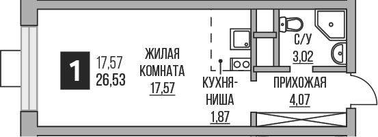 Студия, 26.53 м², 21/25 этаж, ЖК «Гранель Пехра»