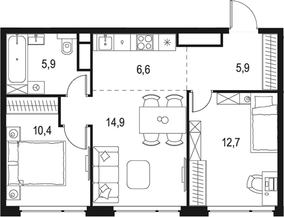 3-комн., 56.4 м², 42/48 этаж, ЖК «Левел Мичуринский»