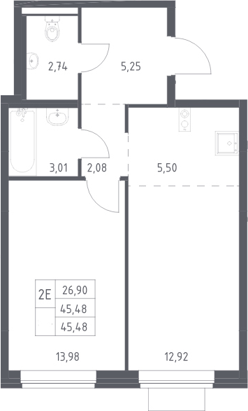 2-комн., 45.48 м², 4/12 этаж, ЖК «Новое Видное»