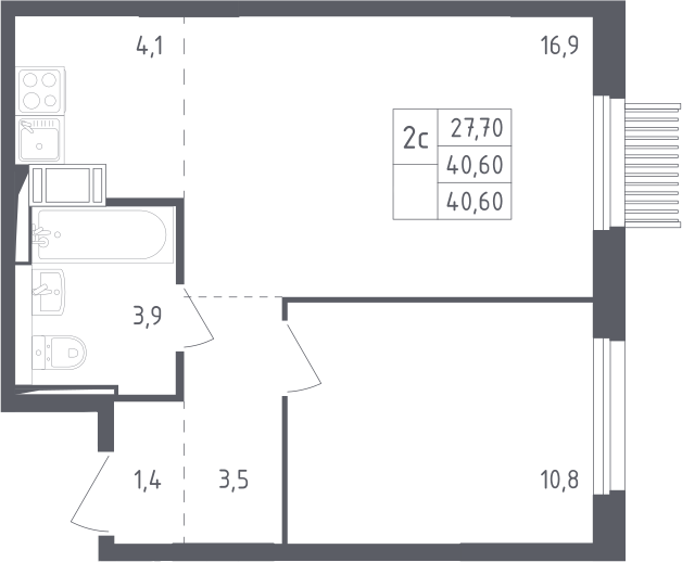2-комн., 40.6 м², 15/17 этаж, ЖК «Мытищи Парк»