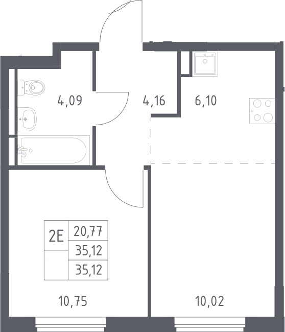 2-комн., 35.12 м², 17/17 этаж, ЖК «Мытищи Парк»