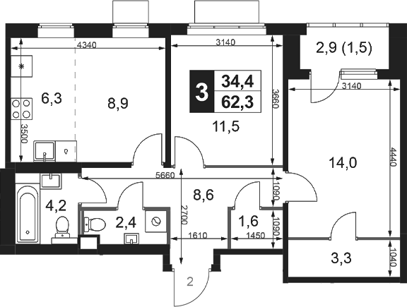 3-комн., 60.8 м², 16/18 этаж, ЖК «1-й Ясеневский»