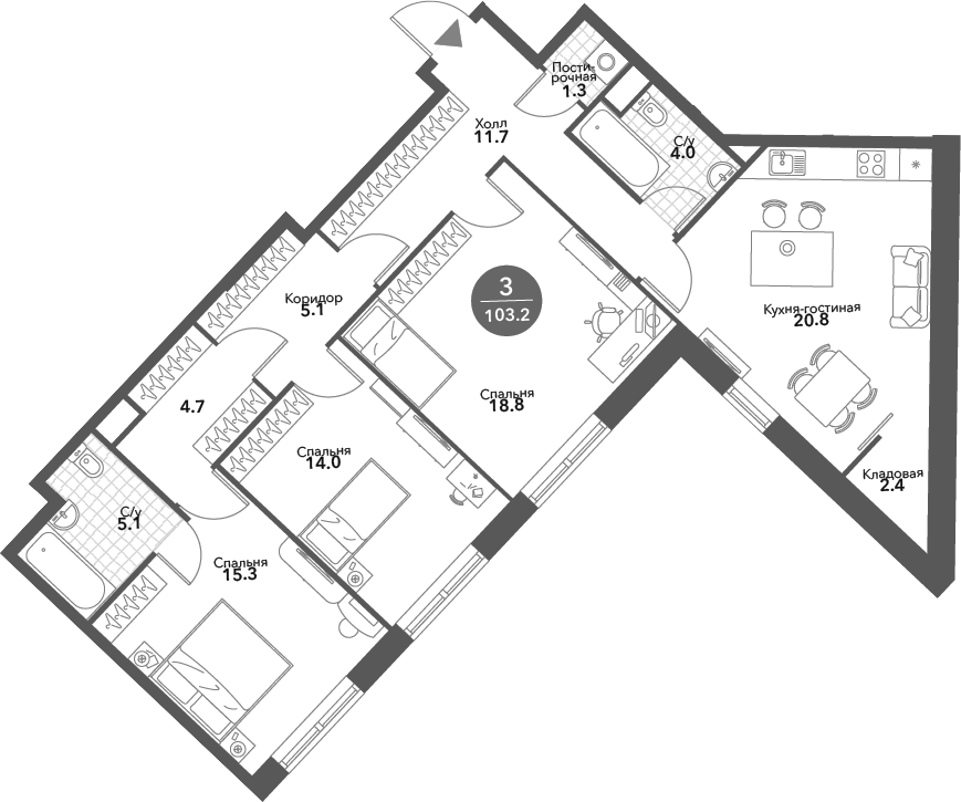 4+ комнаты, 103.2 м², 15/20 этаж, ЖК «Воксхолл»