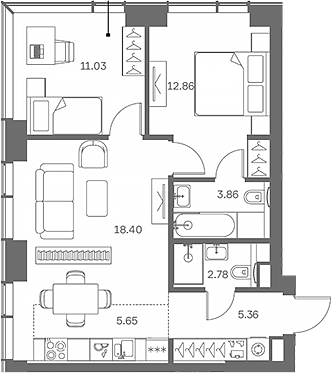 3-комн., 59.94 м², 10/41 этаж, ЖК «TATE»