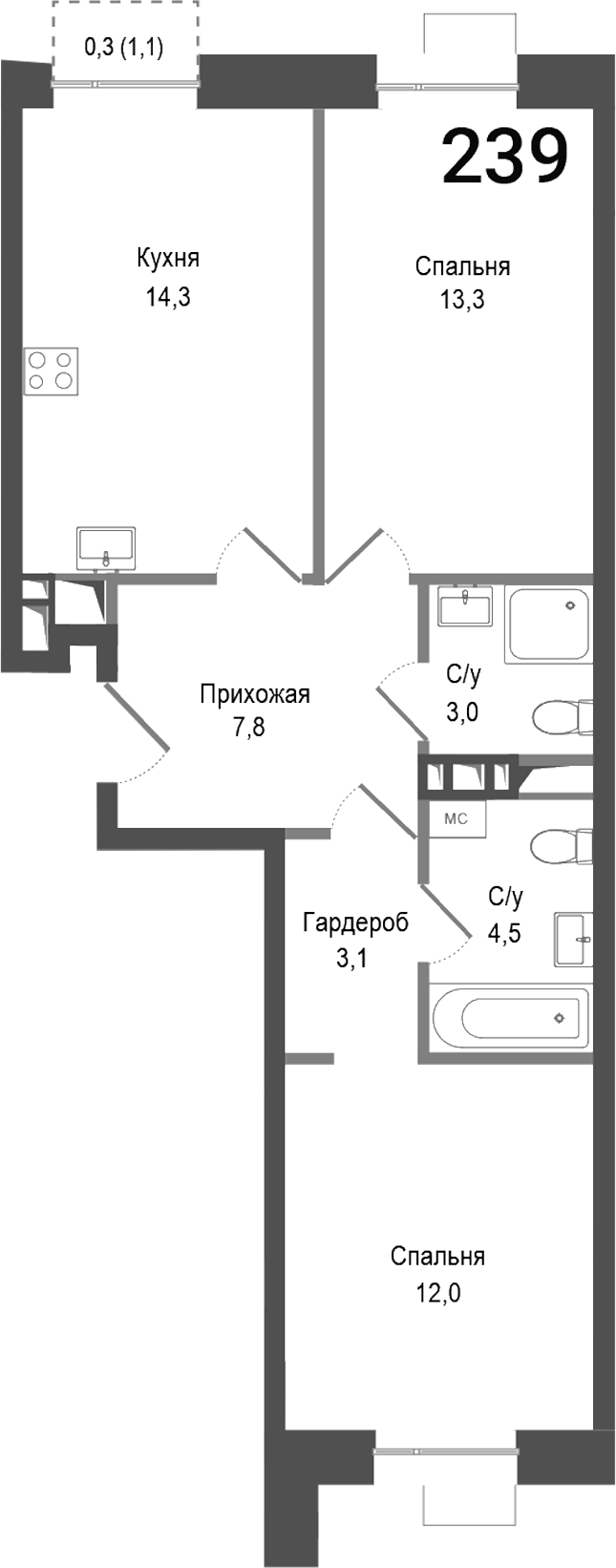 2-комн., 58 м², 4/6 этаж, ЖК «Киноквартал»