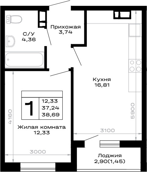 1-комн., 37.24 м², 11/14 этаж, ЖК «Горные высоты»