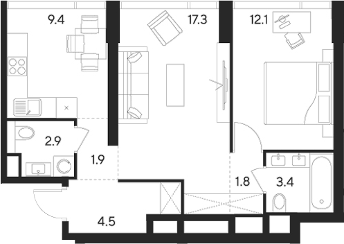 2-комн., 53.3 м², 5/43 этаж, ЖК «Инди Тауэрз от Аквилон»