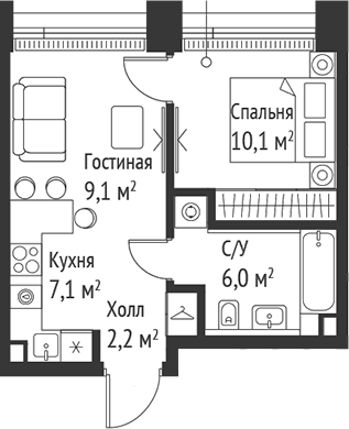2-комн., 34.4 м², 59/59 этаж, ЖК «СЕТ»