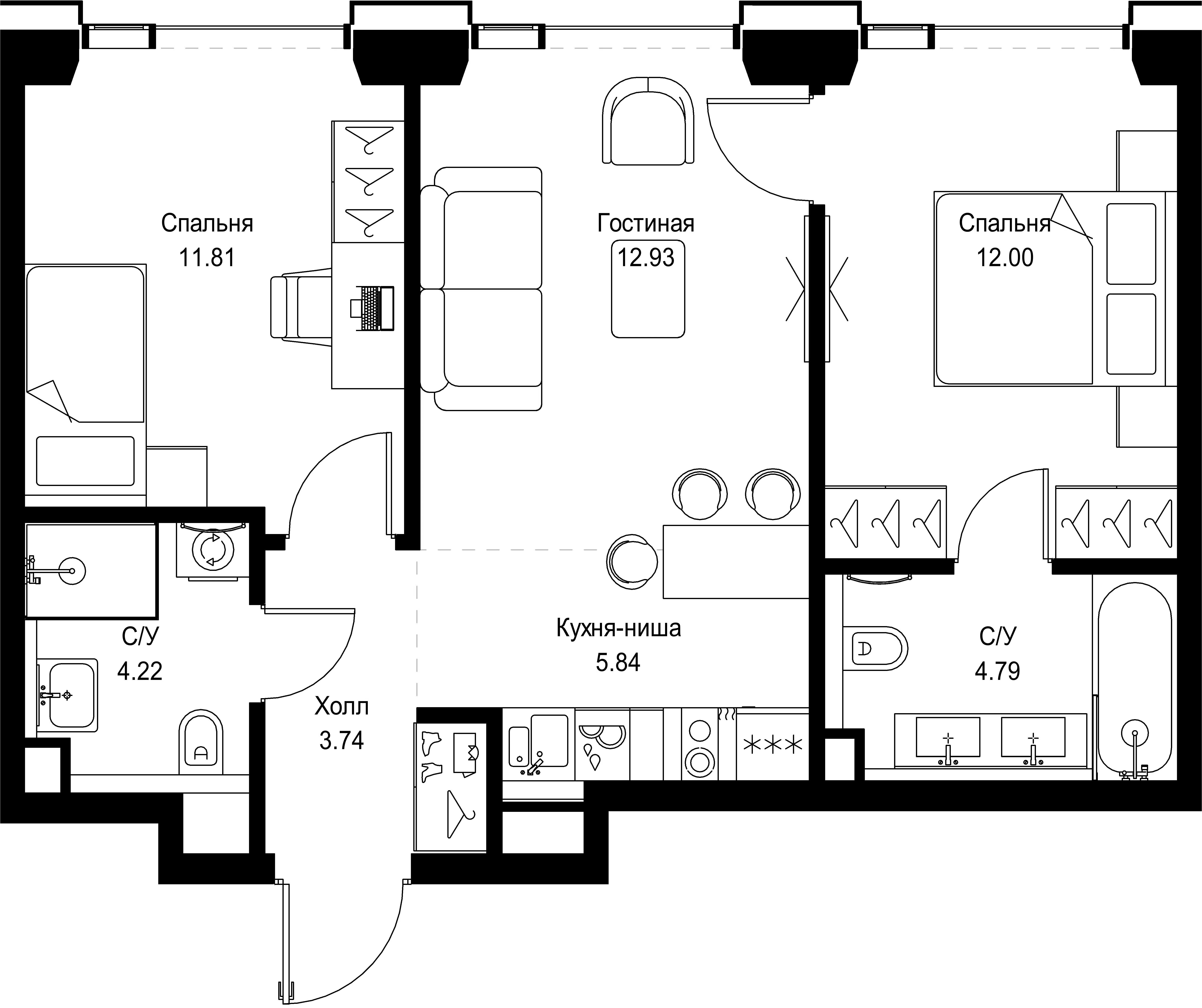 3-комн., 55.33 м², 23/52 этаж, ЖК «СЕТ»