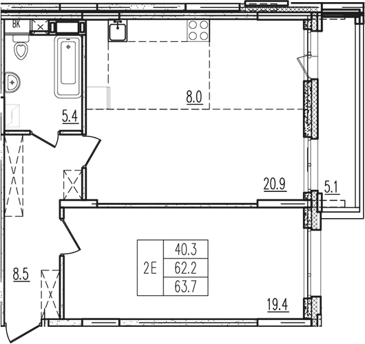 2-комн., 62.17 м², 6/9 этаж, ЖК «Пироговская ривьера. Мытищи»