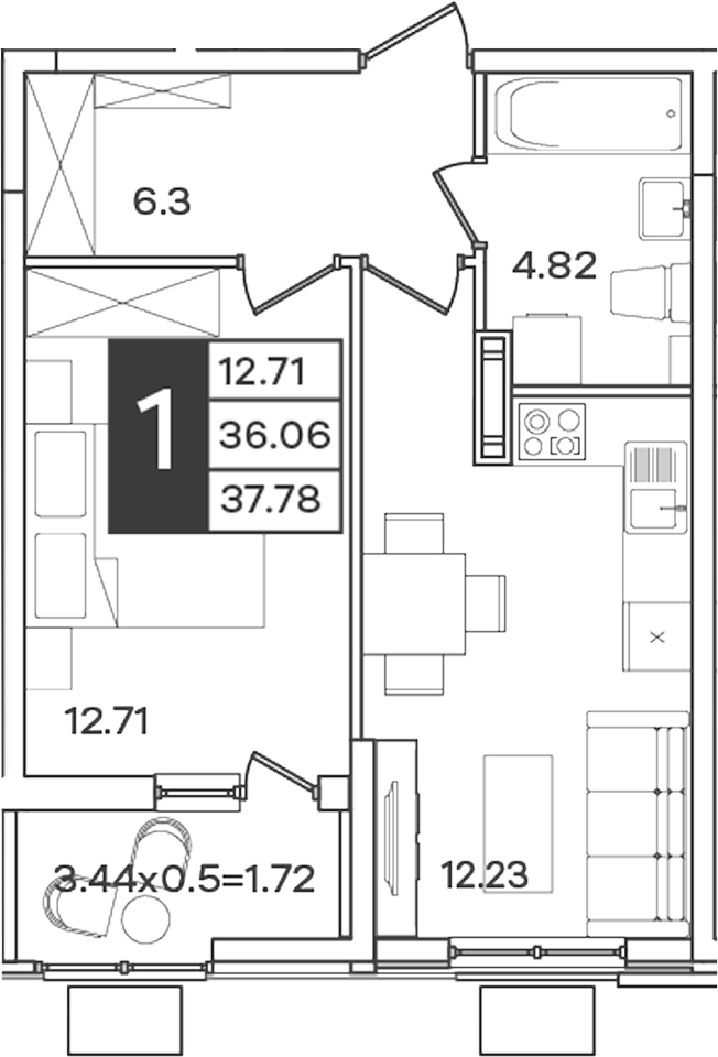 1-комн., 36.06 м², 8/9 этаж, ЖК «Сюжеты»