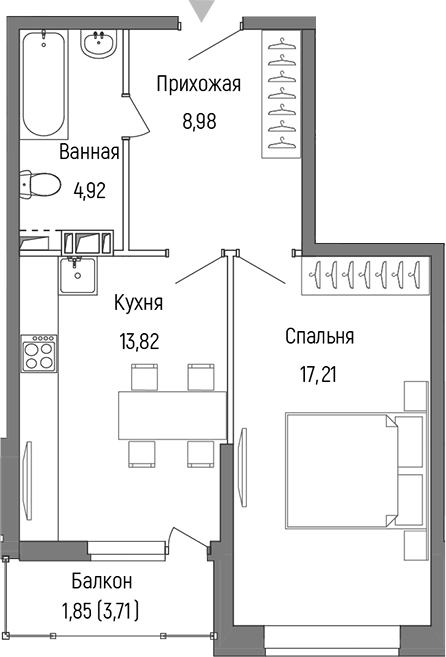 1-комн., 44.94 м², 7/9 этаж, ЖК «Рига Хиллс»
