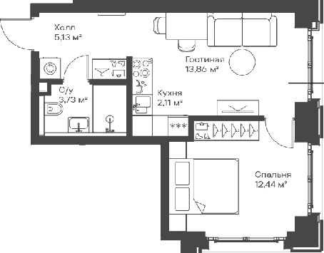 2-комн., 37.27 м², 3/15 этаж, ЖК «Сити Бэй»