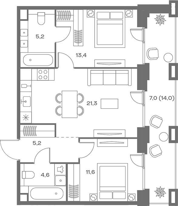 3-комн., 61.3 м², 3/7 этаж, ЖК «СОУЛ»