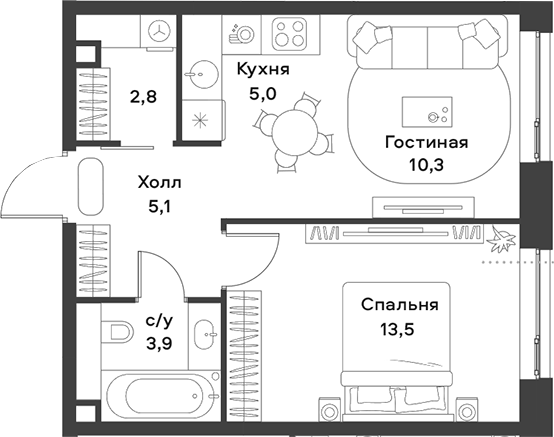 2-комн., 40.6 м², 23/28 этаж, ЖК «АЛИА»