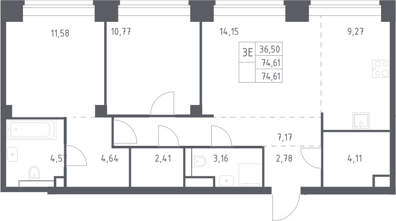 3-комн., 74.61 м², 25/32 этаж, ЖК «НОВА»