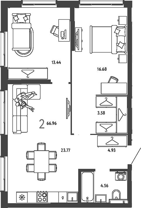 2-комн., 66.96 м², 10/25 этаж, ЖК «Страна.Парковая»