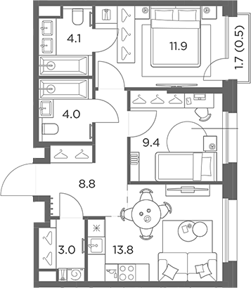 2-комн., 55 м², 5/6 этаж, ЖК «Станиславский»