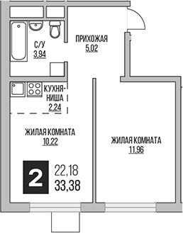 2-комн., 33.38 м², 9/14 этаж, ЖК «Гранель Аникеевский»