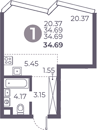 Студия, 34.69 м², 25/39 этаж, ЖК «Мневники от Гранель»