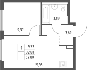 2-комн., 32.88 м², 9/9 этаж, ЖК «Большое Юрлово»