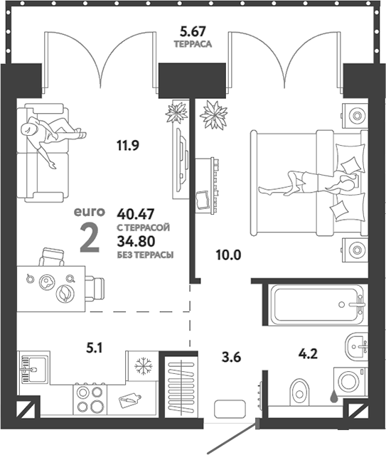 2-комн., 34.8 м², 8/30 этаж, ЖК «Страна.Озерная»
