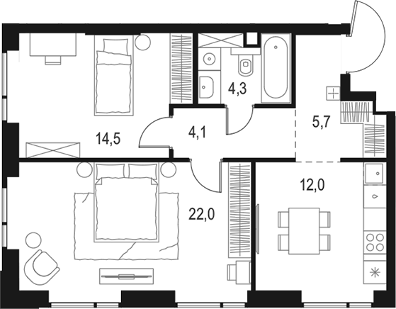 2-комн., 62.6 м², 3/26 этаж, ЖК «Левел Войковская»