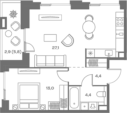 2-комн., 48.9 м², 6/9 этаж, ЖК «СОУЛ»