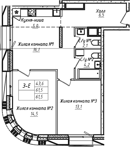 3-комн., 61.5 м², 10/17 этаж, ЖК «УНО.Соколиная гора»