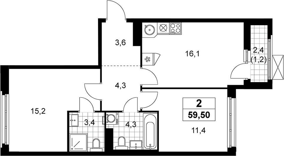 3-комн., 58.3 м², 13/14 этаж, ЖК «Прокшино»