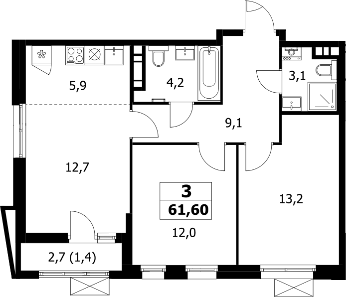 3-комн., 60.2 м², 15/17 этаж, ЖК «Прокшино»