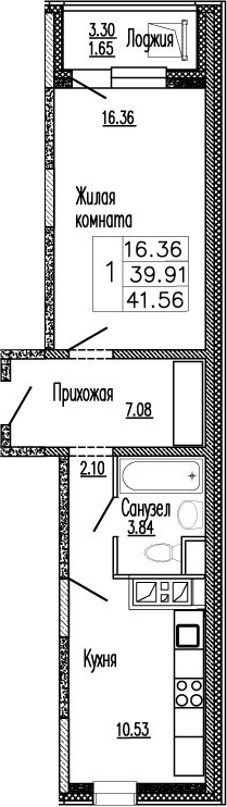 1-комн., 41.05 м², 6/9 этаж, ЖК «Клевер»