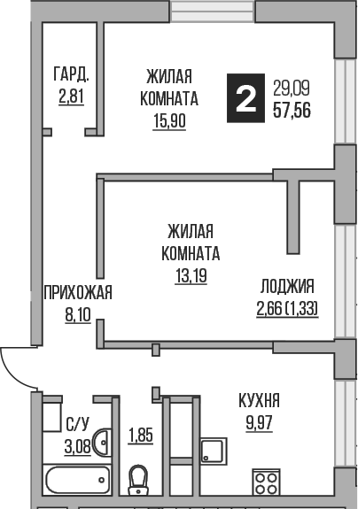 2-комн., 54.9 м², 2/25 этаж, ЖК «Гранель Пехра»
