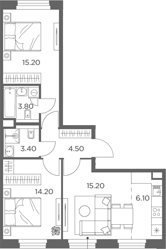 3-комн., 62.4 м², 16/20 этаж, ЖК «Белый Град»