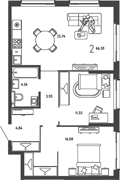 2-комн., 66.5 м², 13/25 этаж, ЖК «Страна.Парковая»