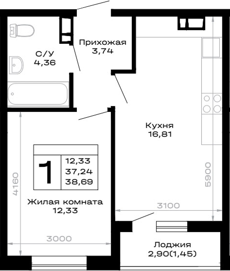1-комн., 37.24 м², 3/12 этаж, ЖК «Горные высоты»