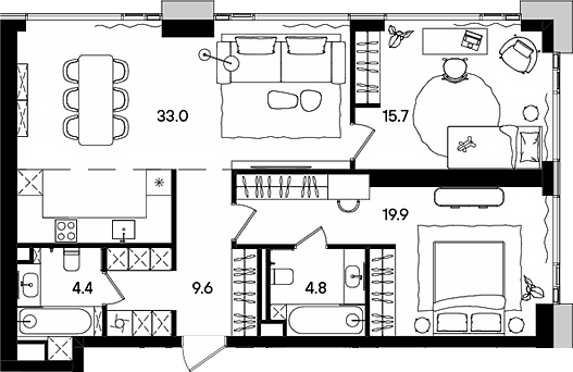 3-комн., 88.8 м², 3/45 этаж, ЖК «СТОУН Грэйн»