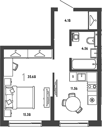 1-комн., 35.68 м², 13/19 этаж, ЖК «Страна.Парковая»