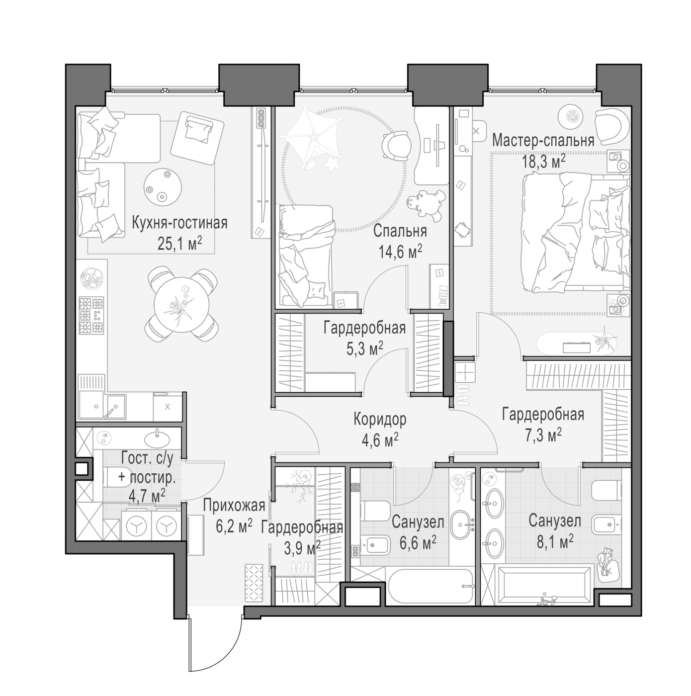 3-комн., 105.6 м², 2/10 этаж, ЖК «Квартал Life Time»